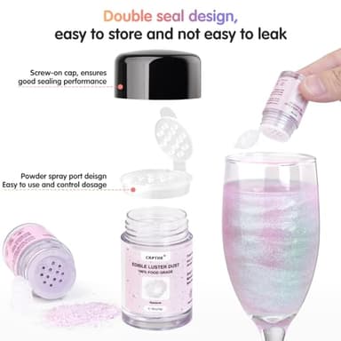 CRPTHE 6 Colors Luster Dust Edible Set, Edible Glitter for Cocktails, Food Grade Glitter Shimmer Sprinkle Powder for Drinks, Baking, Beverages, Cakes, Strawberries, Cookies, Fondant, Vegan(5g/Bottle) - Image 6