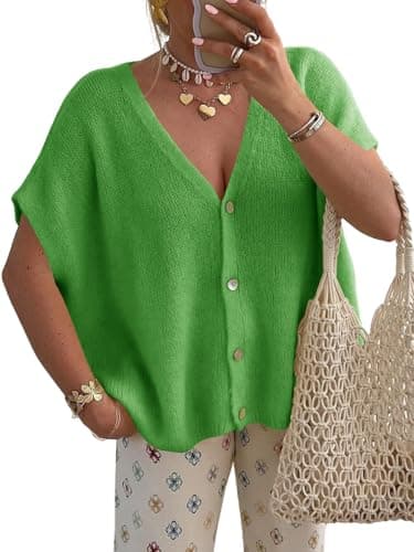 Saodimallsu Womens Summer Oversized Cardigans Batwing Short Sleeve Lightweight Button V Neck Casual Knit Sweater Tops Grass Green - Image 1