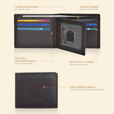 Full Grain Leather Wallet for Men | RFID Blocking | Bi fold Wallet | 9 Credit Card Slots | Gifts for Men | Brown - Image 2
