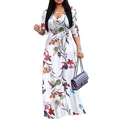 FANDEE Plus Size Maxi Dress for Women Casual Summer Sundress V-Neck 3/4 Sleeve White XX-Large - Image 1
