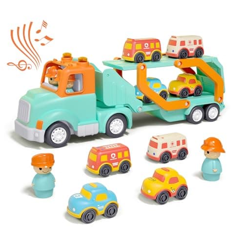 Wanborns Transport Car Carrier Truck Toys for 2 3 4 5 Years Old Kids, 24 inches Foldable Track Trailer with Light & Sound Effects, 4pcs Small Car Toys, Best Gift Choice for Christmas, Birthday - Image 1