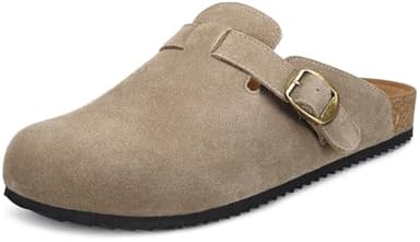 Intini Suede Clogs for Mens Womens Leather Clogs Adjustable Buckle Cork Footbed Home Slippers Sandals Brown - Image 1