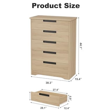 GarveeHome 5 Drawer Dresser for Bedroom, Natural Chest of Drawers with Embedded Handles, Wooden Dresser Organizer for Living Room, Nursery, Hallway and Entryway - Image 2