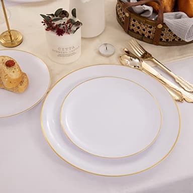 KIRE 100PCS Disposable Plates - White with Gold Rim for Thanksgiving Party/Wedding - Includes 50Pieces 10.25inch Dinner and 50Pieces 7.5inch Dessert/Salad Plates - Image 9