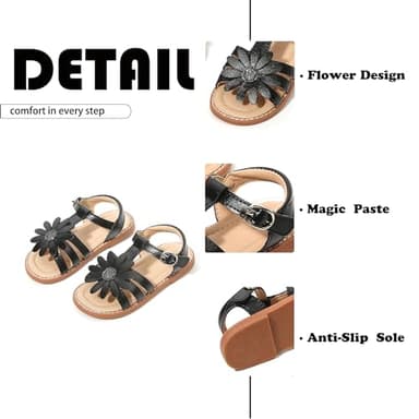 Flaryzone Toddler/Little Girls' Daisy Flower Wedding Dress Summer Flat Sandals (Black, Little Kid-Size 12) - Image 4