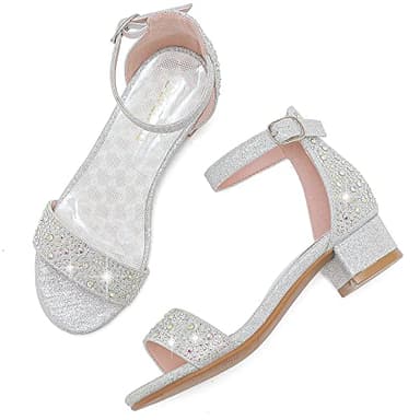 Dufannie Kid Heels for Girls Dress Shoes Size 4 Silver Girls Sandals Low Heel Flower Girl Shoes Wedding Party Pageant Easter Sparkly Open Toe Big Kids High Heels Pumps Shoes(3603Silver 4) - Image 3