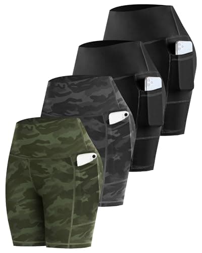 CHRLEISURE Womens Biker Yoga Shorts with Pockets: High Waisted Tummy Control Spandex Workout Athletic Gym Shorts 4 Packs(8'' Camo, 2XL) - Image 1