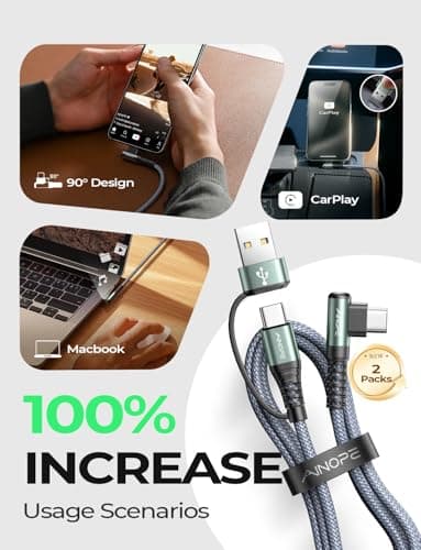 AINOPE for iPhone 17 Charger USB C Cale with USB to USB C Adapter,60W Type C Charger Fast Charging Cable for iPad 2-𝑷𝒂𝒄𝒌 6.6FT Right Angle Carplay Cable Fit iPhone 17 16 15 Air Pro Samsung - Image 2