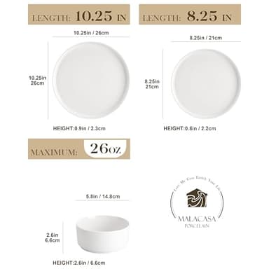 MALACASA 24 Pieces Porcelain Dinnerware Set, Modern White Dish Set for 8, Premium Serving Plates and Bowls Sets, Chip and Scratch Resistant Dishware Sets Kitchen Dishes Dining Ware Set, Series LEAH - Image 2