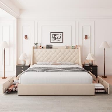 Feonase King Size Bed Frame with 4 Storage Drawers, Upholstered Storage Bed with Charging Station, Tufted Wingback Headboard, No Box Spring Needed, Beige - Image 3