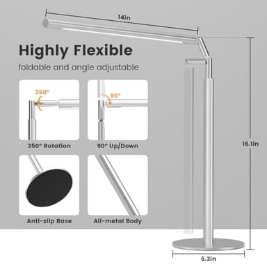 ALFELE Metal Desk Lamp for Home Office - Foldable LED Table Lamp for Reading, 4 Color & 6 Brightness, 15W Dimmable Desk Light with Flexible Arm, Eye-Caring Desktop Lamp for College Dorm, Silver - Image 4
