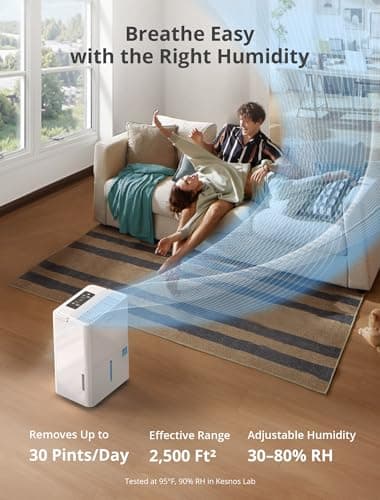 Kesnos 30 Pints Energy Star Dehumidifier for Spaces Up to 2,500 Sq. Ft, Quiet Dehumidifier for Home, Bedroom, Bathroom, Basement with Drain Hose, Featuring Mutile Mode, Auto Defrost, Timer Function - Image 2