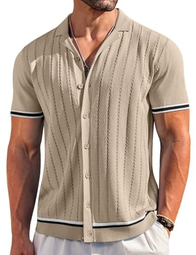 COOFANDY Knit Mens Shirt Mens Untucked Shirts Mens Shirts Summer Beach Apricot - Image 1