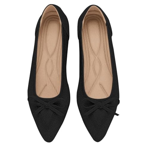 TINGRISE Women's Flats Pointed Toe Bow Knit Ballet Shoes Comfortable Dressy Mesh Slip On Flat Black US10 - Image 1