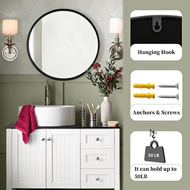 G-LEAF Black Round Mirror 24 inch, Circle Mirror for Bathroom, Entryway, Vanity, Living Room, Round Bathroom Mirror for Wall - Image 5