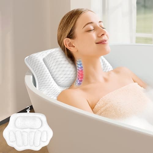 Bath Pillows for Tub, Ergonomic Bathtub Pillow for Head & Neck Relaxation, 4D Air Mesh Bath Cushion with 6 Non-Slip Suction Cups, Fits All Bathtubs (White)