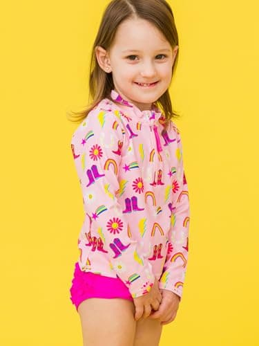 RuffleButts Baby/Toddler Girls Long Sleeve Rash Guard 2 Piece Swimsuit Set w/UPF 50+ Sun Protection with Zipper - Cowgirl Cutie, 2T - Image 3