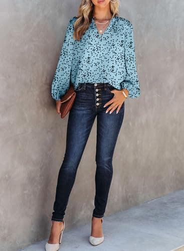 Dokotoo Womens Oversized Cute Tops for Women 2025 Trendy Casual Summer Fall Clothes Smocked Long Sleeve Shirts V Neck Blouses Alicia Floral Flowy Print Work Business Top Sky Blue XX-Large - Image 4