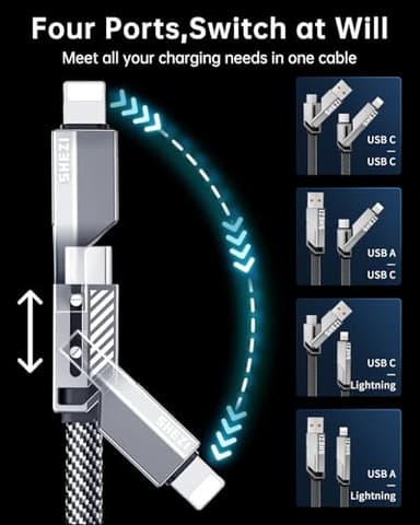SHEZI [Upgraded 2.0] 4-in-1 USB C Cable 60W 5FT Compatible with Lightning Cable [Fast Charging & Data Transfer] Flat Braided Multi Charger Cord Combo with L/USB C/A Port for iPhone/iPad & All Devices - Image 2
