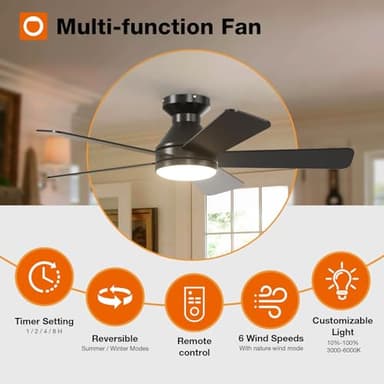 addlon Ceiling Fans with Lights, 42 Inch Low Profile Ceiling Fan with Light and Remote Control, Flush Mount, Reversible, 3CCT, Dimmable, Quiet, Black Small Ceiling Fan for Bedroom Indoor/Outdoor Use - Image 2