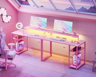 MOTPK 40 Inch Small Gaming Desk with Storage & Led Lights, Computer Desk with Power Outlet & Shelf, Reversible Gamer Desk with Adjustable Monitor Stand, Carbon Fiber Texture Pink - Image 8