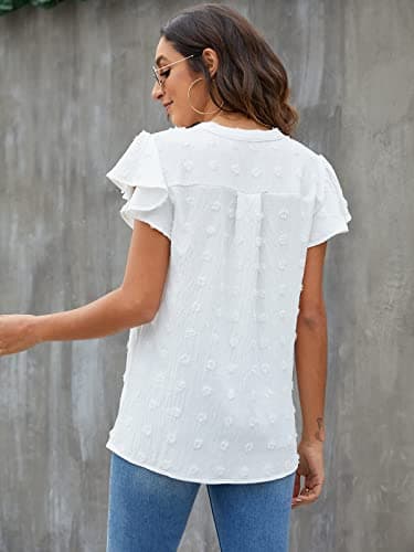 Blooming Jelly Womens White Blouse V Neck Ruffle Sleeve Flowy Shirts Dressy Casual Cute Summer Tops(X-Large, White) - Image 4