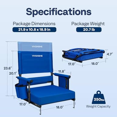 VIVOHOME Height Adjustable High Back Stadium Seats with Back Support and Cushion, 2 Pack Portable Bleacher Chairs with Cup Holder and Shoulder Strap, Blue - Image 2