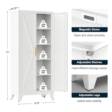 71" Tall Metal Storage Cabinet with 2 Doors and 4 Adjustable Shelves, 5-Tier Kitchen Pantry Storage Cabinet for Kitchen, Living Room, Dining Room and Office, White - Image 3