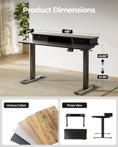 FEZIBO 48 x 24 Inch Height Adjustable Electric Standing Desk with Double Drawer, Stand up Home Office Computer Desk with 4 Height-Adjustable Feets & 2 Hooks,Black - Image 4