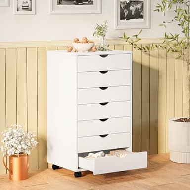 Sweetcrispy 7 Drawer Chest Mobile Storage Cabinets Wooden Dresser with Wheels Room Organization Furniture for Office, Classic White Wood - Image 2