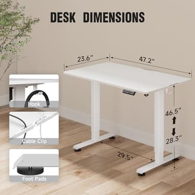 Veken 47.2 Inch Electric Standing Desk, Height Adjustable Sit Stand Up, Wood Desktop, Work Home Office Computer PC Desks, Gaming Writing Study Bedroom Rising Table, Tall Standup Workstation, White - Image 3