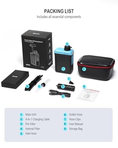 BKLES 3-in-1 Solar Electric Water Filter with Hand Pump - Camping Water Filtration System Survival, Portable Water Purifier with Emergency Light, Survival Kit for Backpacking, Birthday Gifts for Men - Image 9