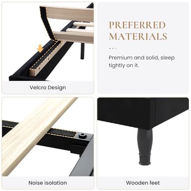 SHA CERLIN Queen Bed Frame with Adjustable Headboard/Velvet Upholstered/Diamond Button Tufted and Metal Studs/No Box Spring Needed/Wood Slat Support/Easy Assembly/Black - Image 6