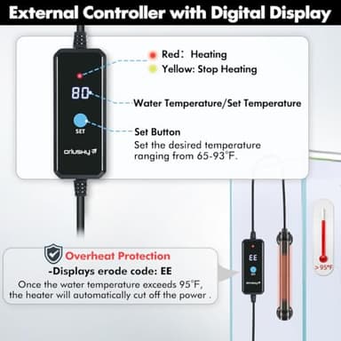 Orlushy 25W Submersible Mini Fish Tank Heater, Adjustable Aquarium Heater with Digital Display External Controller, Overheat Protection and Free Thermometer for 1-5 Gallon Freshwater & Saltwater Tank - Image 2