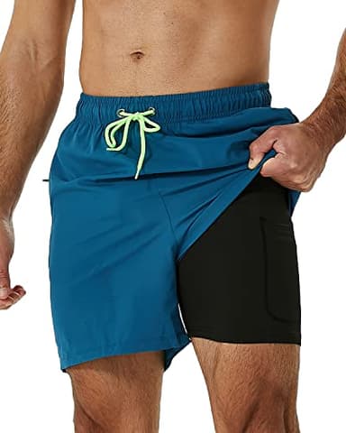 SILKWORLD Mens Swimming Trunks with Compression Liner 2 in 1 Quick-Dry Bathing Suits with Zipper Pockets,Blue,3X-Large - Image 1