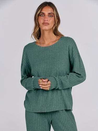 ANRABESS Women 2 Piece Lounge Pajamas Sets Casual Ribbed Knit Long Sleeve Top Pants Matching Set 2025 Fall Outfits Clothes Green X-Large - Image 5