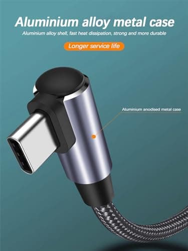 10FT 60W USB C to USB C Right Angle Fast Charging Cable,Long Cord Nylon Braided, Type C Charger Cord for,Apple-iphone 15,Sam-sung GalaxyS24 S23 S22 A15,iPad Pro/Air,Pixel 5/4 XL,One-Plus 8T,PS5 (Grey) - Image 5