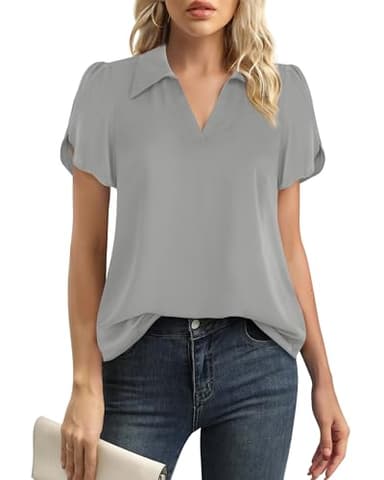 Lotusmile Womens Chiffon Blouses for Work Puff Short Sleeve Dressy Casual Tops with Collared V Neck Design Grey - Image 1