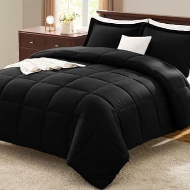 CozyLux Queen Comforter Set Black - 3 Pieces Box Stitched Comforters Queen Size, Soft Bed Set for All Seasons, Lightweight Bedding Sets with 1 Down Alternative Comforter and 2 Pillow Shams - Image 1