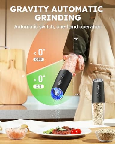 Sangcon Gravity Electric Salt and Pepper Grinder Set Shakers - UPGRADED RECHARGEABLE 9OZ XL Capacity USB-C No Battery Needed - LED Light One Hand Operation, Adjustable Coarseness Automatic Mill Set - Image 4