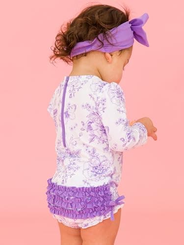 RuffleButts Baby Girls UPF 50+ Sun Protection Floral Printed Long Sleeve One Piece Rash Guard Swimsuit with Zipper - Wisteria Purple Butterfly Garden Toile, 3-6m - Image 4