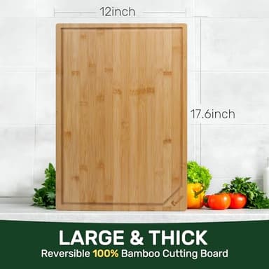 Bamboo Cutting Boards for Kitchen, Extra Large Wood Cutting Board with Deep Juice Groove and Handle Heavy Duty Chopping board, Kikcoin, 17.6" x 12" - Image 6