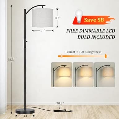 ROTTOGOON Dimmable Floor Lamp, Arc Floor Lamps for Living Room, Stepless Dimming Modern Standing Lamp with Linen Shade, Tall Lamp for Bedroom Office Dining Room- Black - Image 5