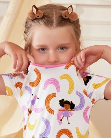 babee Reshinee Bamboo Viscose Toddler Girls Kids Short Sleeve Pajamas 2-3T Years Pink Rainbow Summer Cool Soft 2pcs Set Pjs Pyjamas Jammies - Image 6