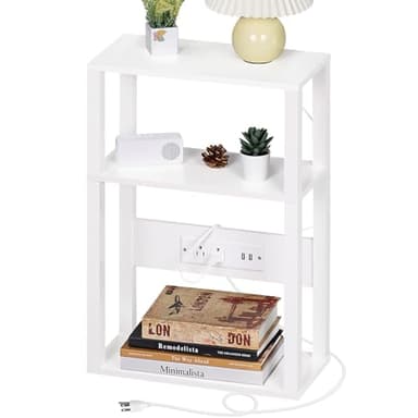 YUFAM 3-Tier Small Narrow Wood Side Table with Charging Station, Skinny Nightstand for Small Space, Slim Bedside Table with Storage for Couch, Thin End Table with USB Ports and Outlets, White - Image 8