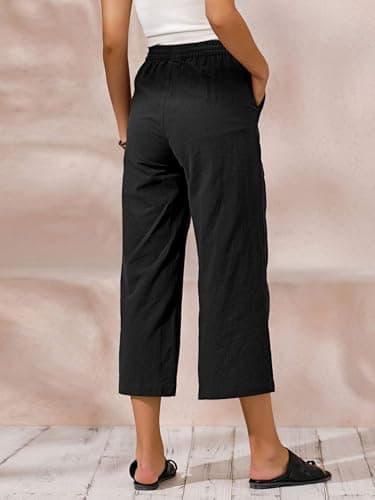 Womens Cotton Cropped Pants Loose Fit Wide Leg Capri Casual Plus Size Elastic Waist Trousers Black 2XL - Image 3
