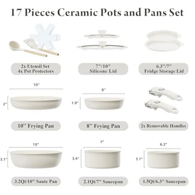 Bazova Ceramic Nonstick Cookware Set, Healthy,Non Toxic,17-Pieces Pots and Pans Set Removable Handles,Induction RV Kitchen Set,Stain & Scratch-resistant,Dishwasher/Oven Safe,PFAS/PFOA Free,Cream White - Image 2