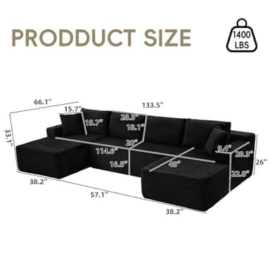 134 Inch Cloud Sectional Couch for Living Room,Corduroy Boneless Couches with L-Shape Chaise,Modern Modular Sectional Sofa with Deep Seat,No Assembly Required (Black, U-Shaped Sofa) - Image 2