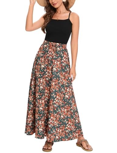 Bluetime Women Flowy Long Skirts Summer Beach Pleated Elastic High Waisted Casual Maxi Skirts (S, Floral25) - Image 2