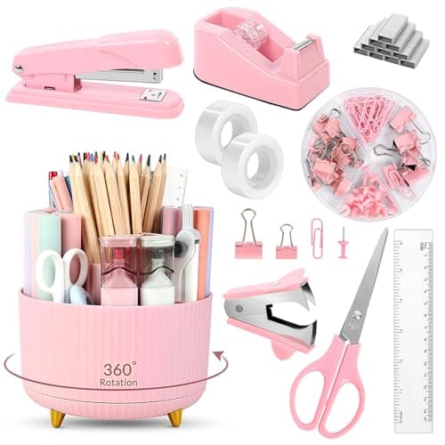 SKYDUE Pink Desk Accessories 10Pcs, Rotating Pen Holder for Desk, Stapler, Staple Remover, Tape Dispenser,2pcs Tape Refills, Binder Paper Clips Kit, Scissor,Pink Office School Supplies - Image 1